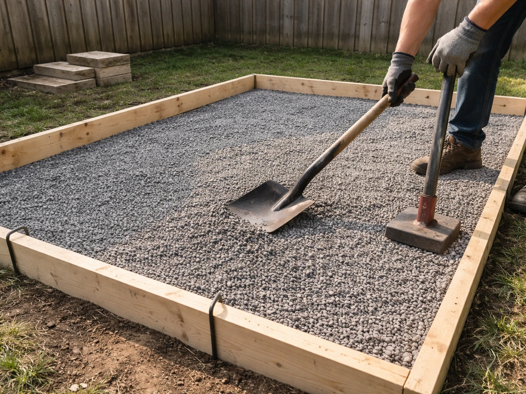 Gloved hands leveling gravel in a small rectangular backyard patio footprint with wood edging boards