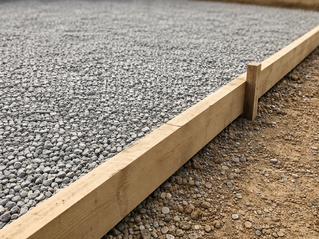 Compacted 3/4-inch crushed gravel with 2x4 form boards and stakes ready for a concrete slab.