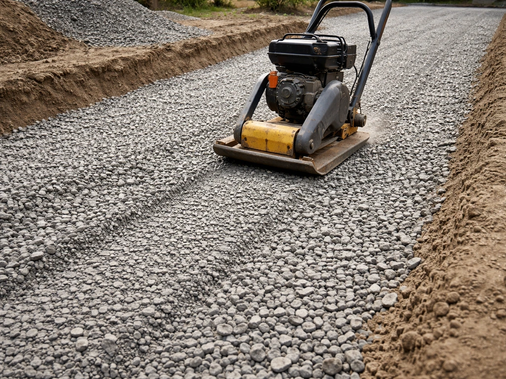 Plate compactor compacting a freshly spread 3/4-inch crushed gravel base in overlapping passes.