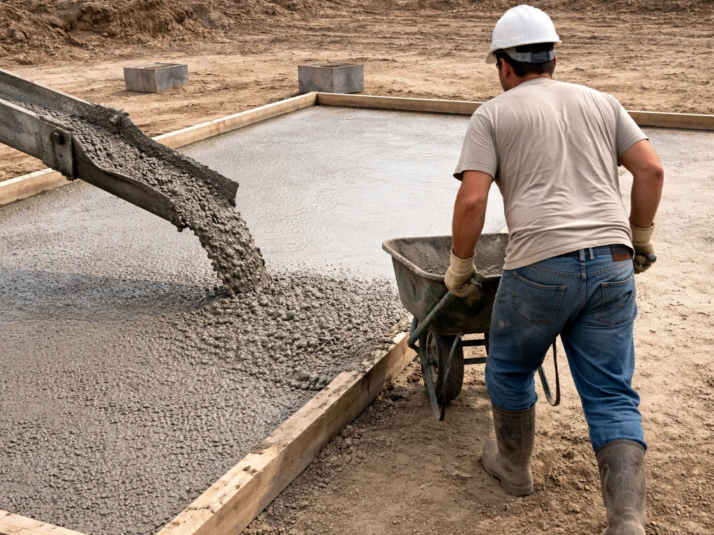 Concrete being poured from a chute and spread at a far corner using a wheelbarrow