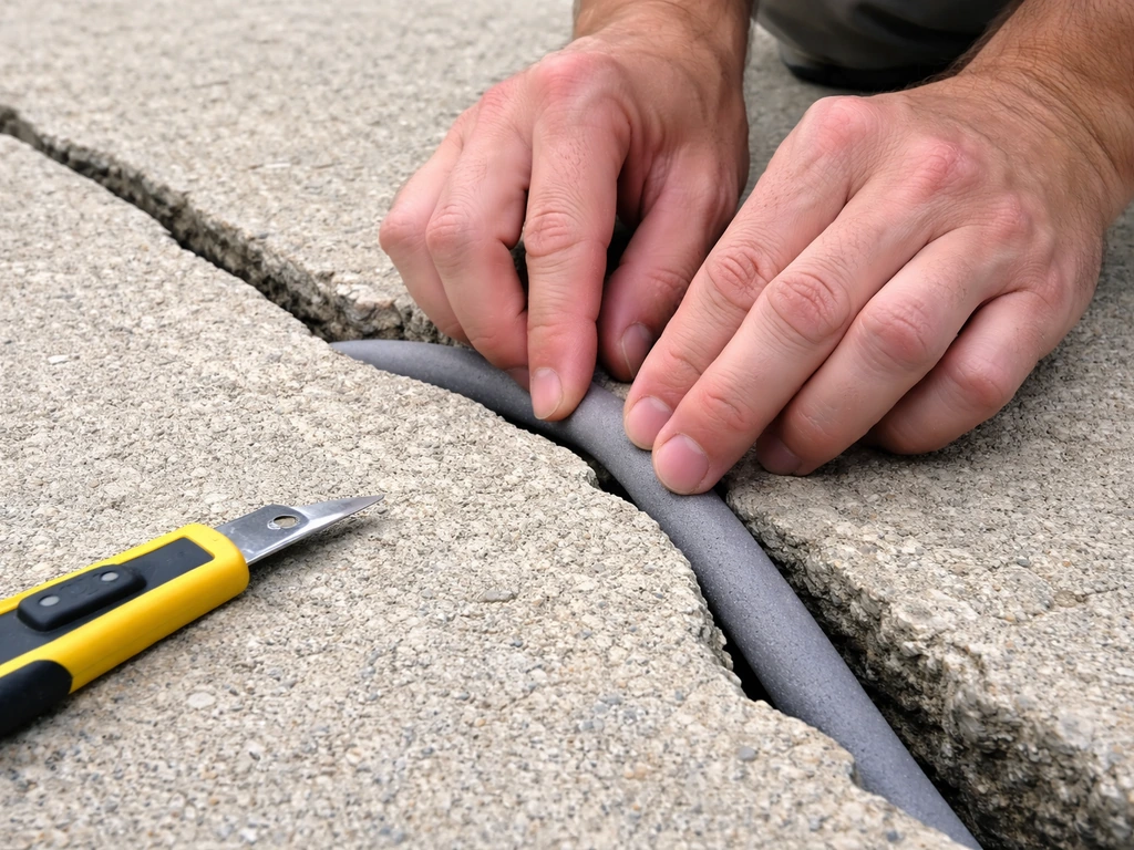 Hands pressing closed-cell backer rod into a deep concrete crack on a driveway