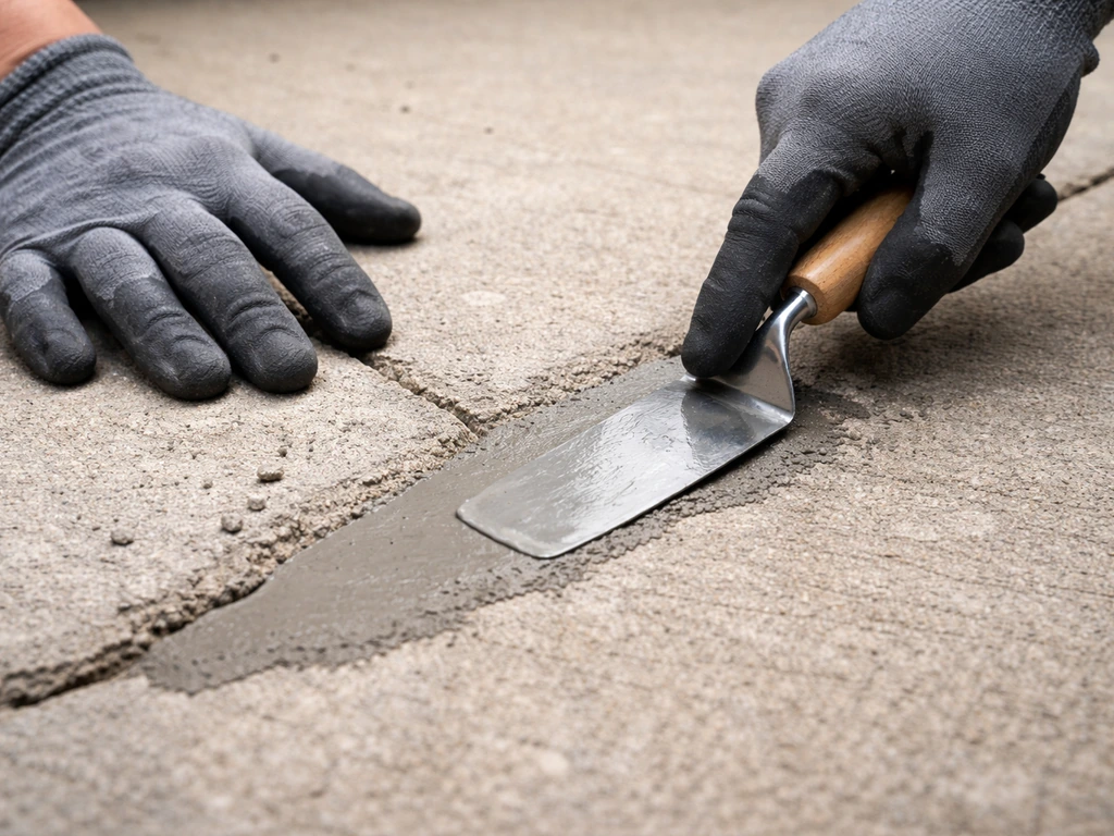 Gloved hands trowel-smoothing a patched concrete patio crack flush with the surrounding concrete.