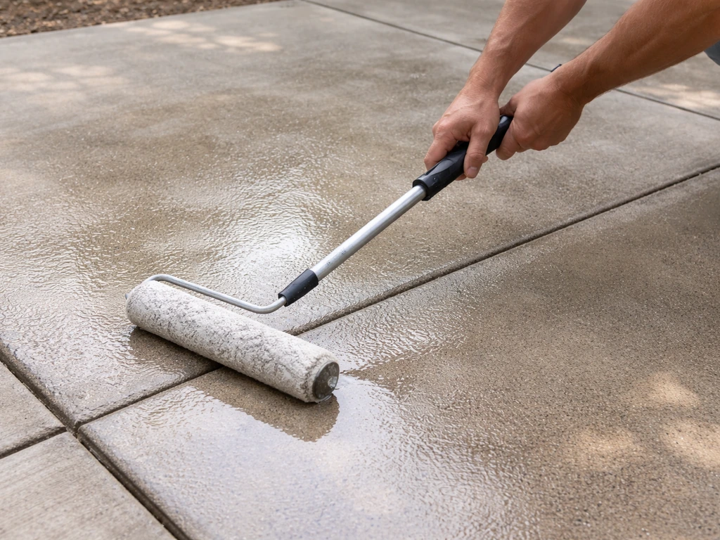 Person rolling patio sealer over concrete surface in thin, even coats with a long-handled roller