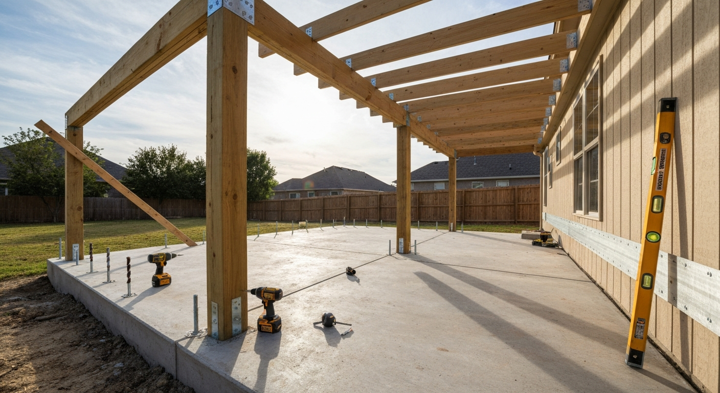 Mid-construction attached patio on concrete slab showing posts bolted to slab and ledger with flashing