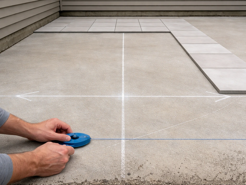 Minimal patio dry-lay scene with chalk centerlines, tile grid marks, and slope direction away from house.