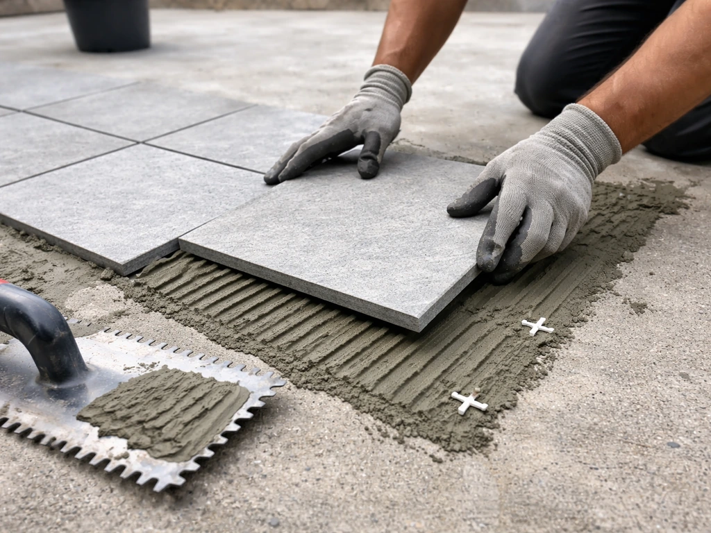 Worker setting outdoor tile on a cleaned concrete slab with thinset spread and spacers visible.