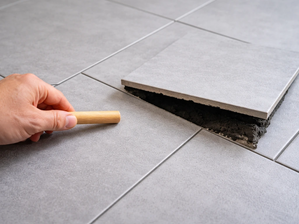 Tech tapping a tile with a wooden handle, then lifting a nearby tile to reveal a void