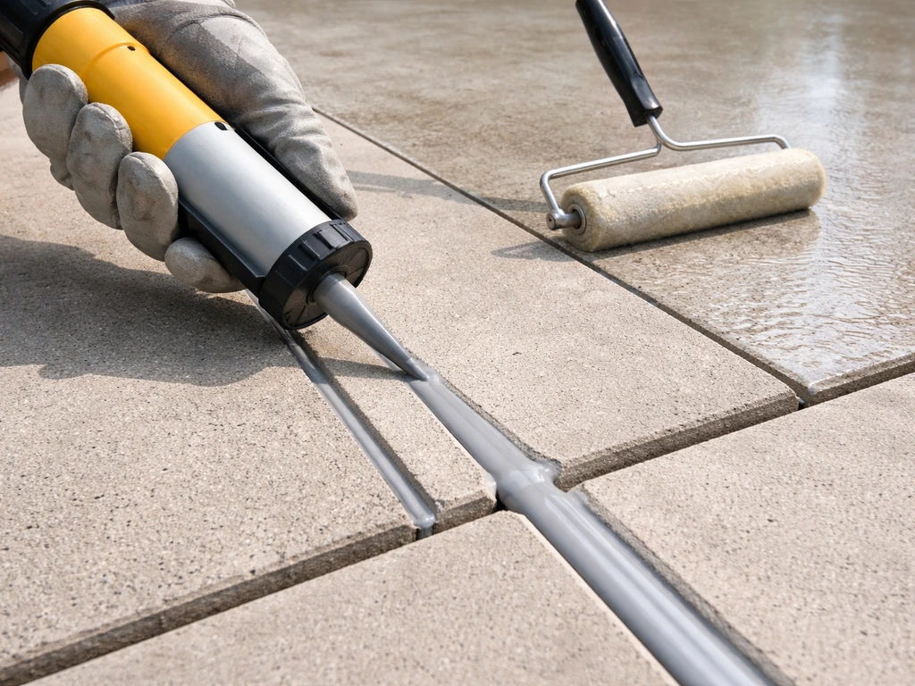 Contractor applying flexible sealant into concrete control and expansion joints, then rolling a sealed surface.