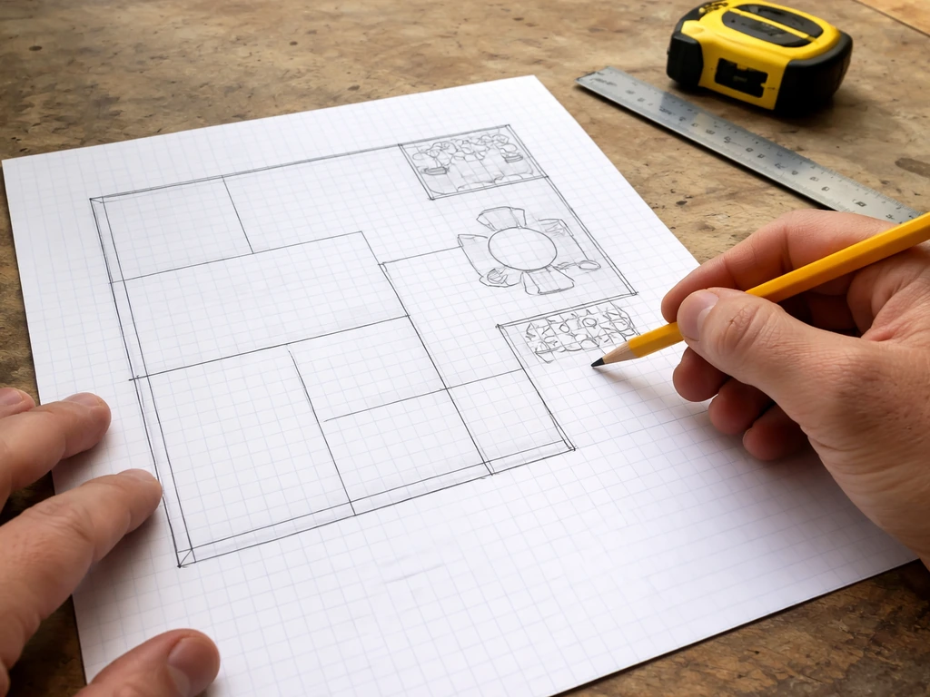 Hands sketch patio footprint with rectangular and square pour sections on grid paper