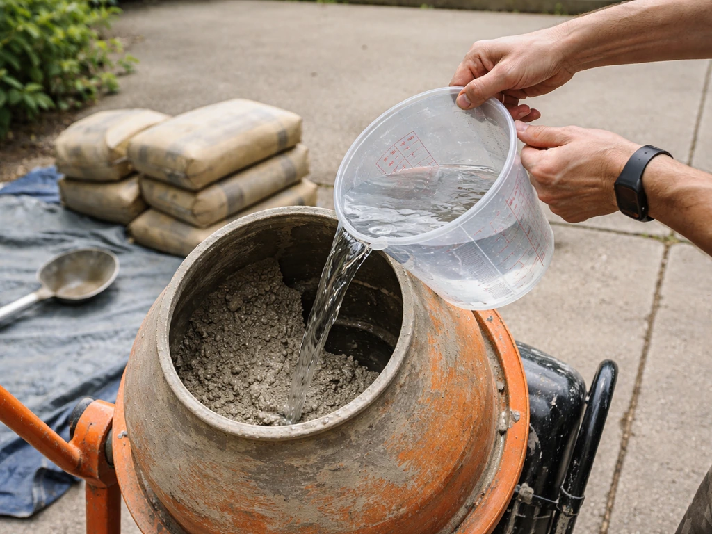 Hands pouring measured water into a concrete mixer with batching tools on a simple outdoor tarp.