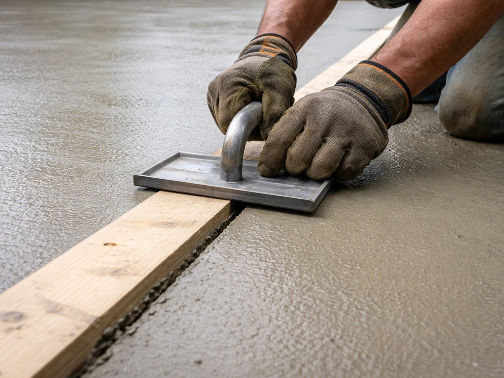 Worker cuts a straight contraction groove in fresh concrete using a grooving tool and guide board