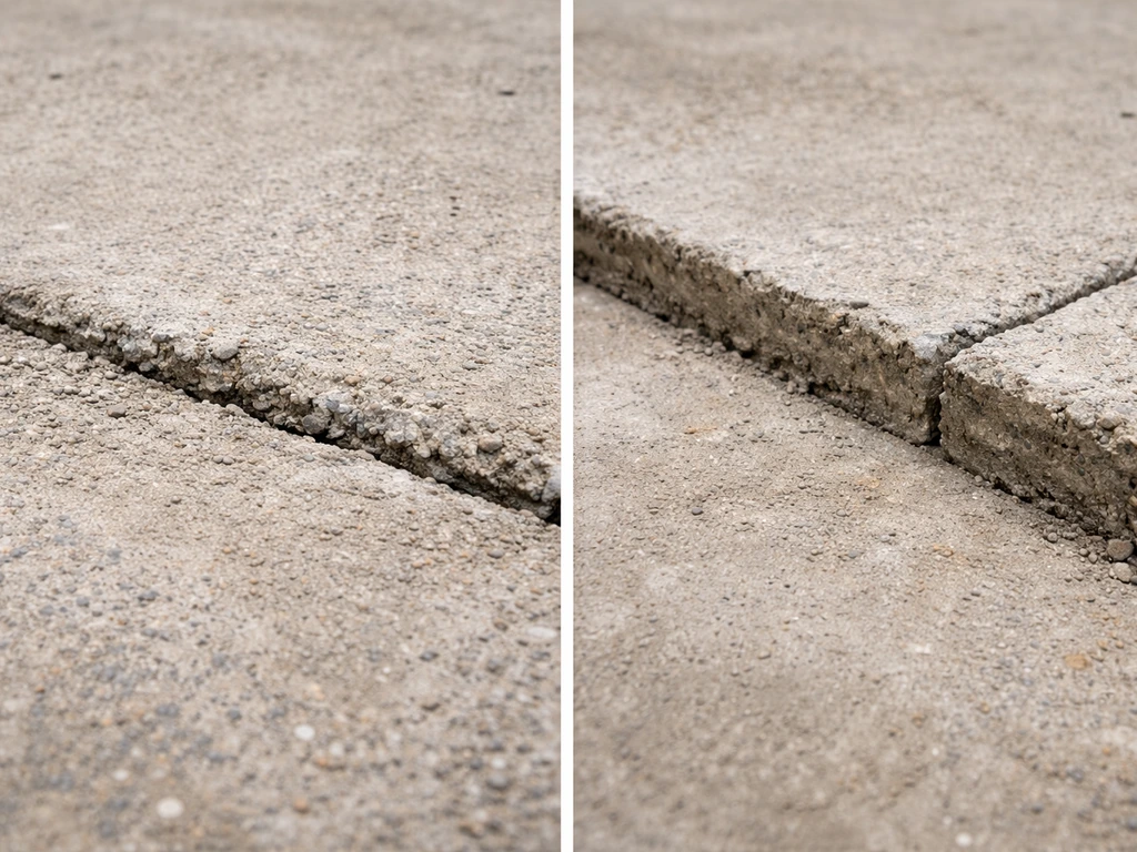 Close-up of adjacent concrete sections showing a cold joint seam and an uneven grade step.