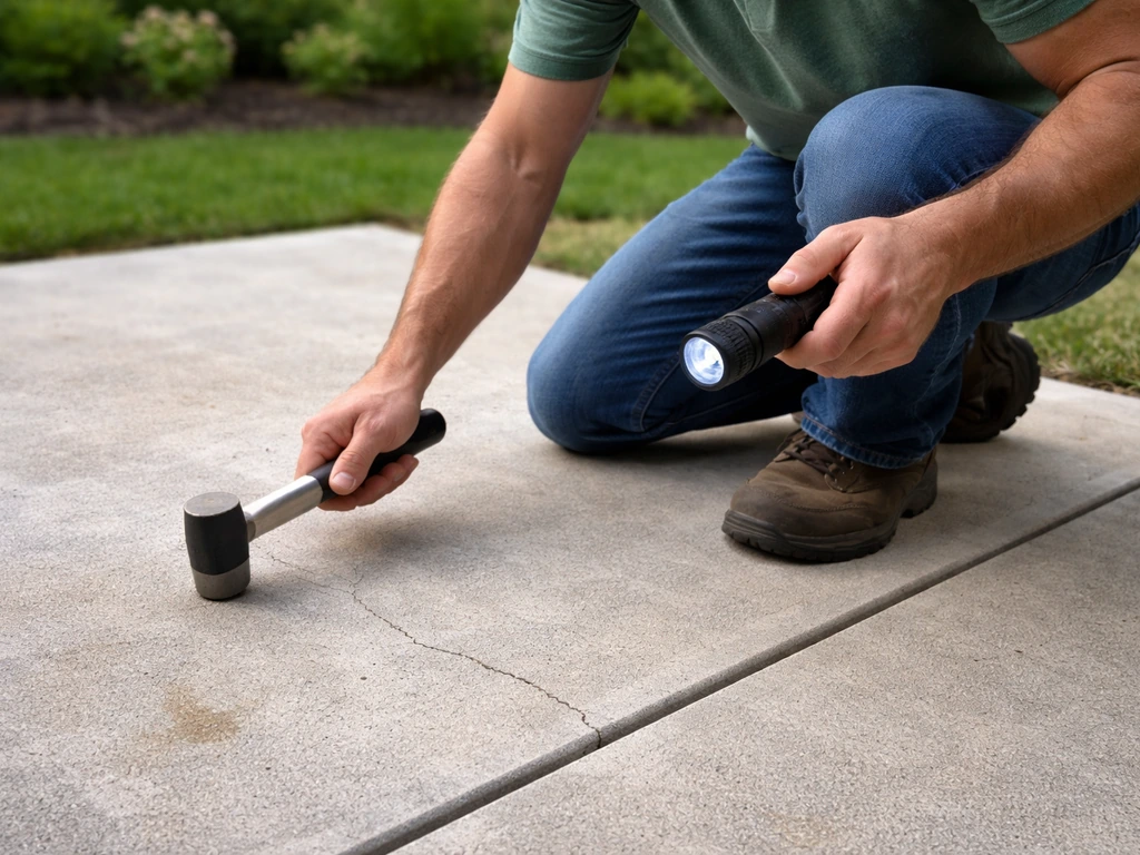 Homeowner kneels by a concrete slab, tapping and inspecting for cracks and stains with a flashlight.