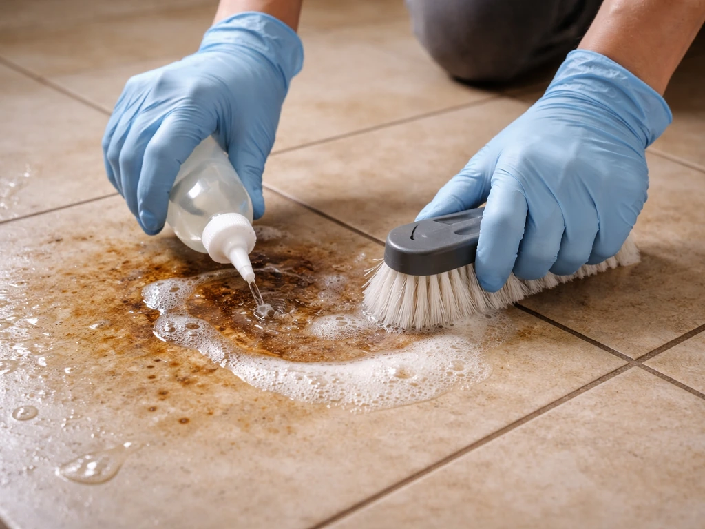 Gloved hands applying degreaser and scrubbing a dark oil stain on kitchen tile with a stiff brush.