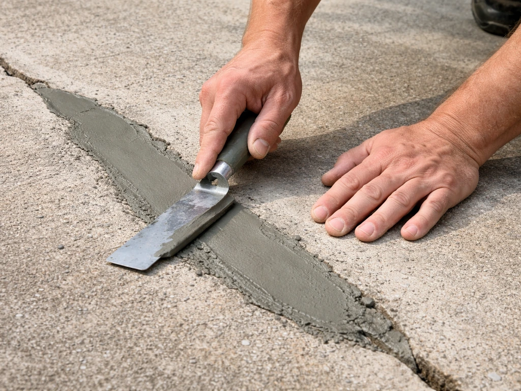 Worker troweling a concrete patching compound onto a repaired crack in a driveway