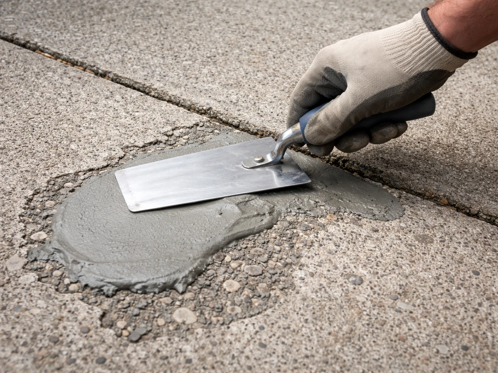 Polymer-modified concrete patching compound being spread into spalled and pitted pavement