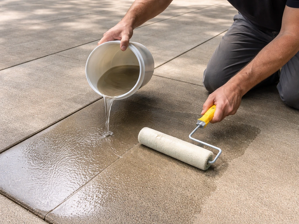 Worker pouring and rolling clear sealer onto clean concrete patio, creating a wet sheen.