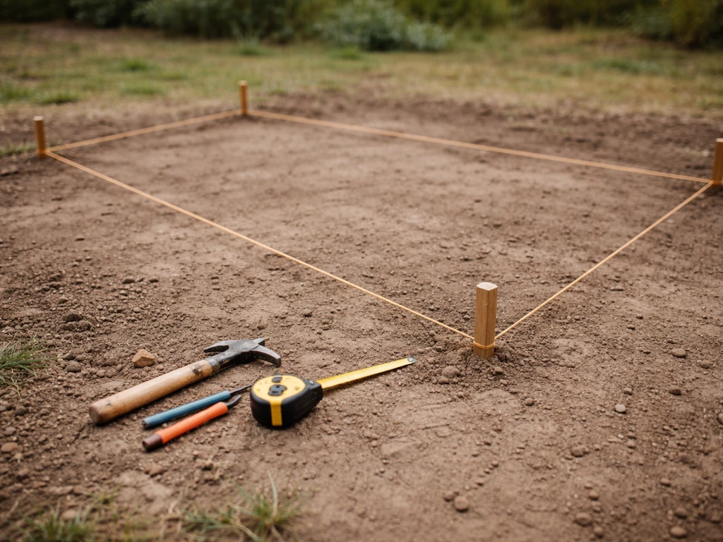 Tape measure, mason’s string, and corner stakes marking a patio rectangle on bare ground