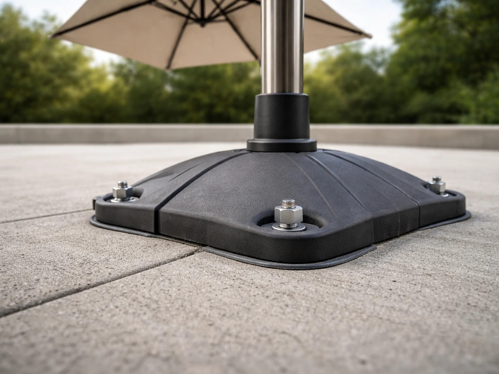 Outdoor umbrella base on a concrete patio with visible secured anchor points and weatherproof sealing.