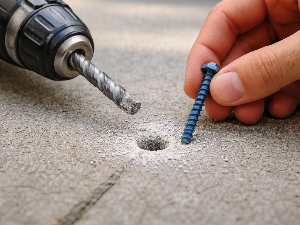Hammer drill drilling a pilot hole in patio concrete with a concrete screw anchor ready to fasten