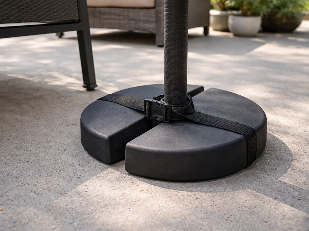 Ballast weights and straps positioned on sealed concrete to anchor patio furniture/umbrella without drilling.