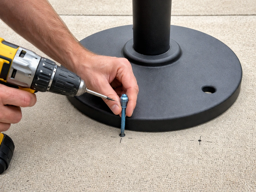 Hands align and drive a concrete screw anchor through a patio furniture base into concrete.