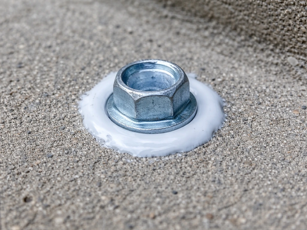 Close-up of exterior anchor screw in concrete with sealant around the head for water protection