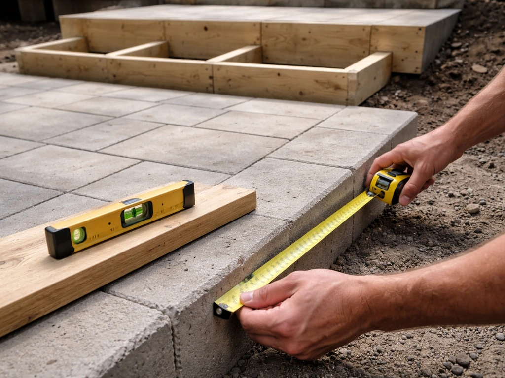 Hands measuring patio rise/run with a tape measure and bubble level on concrete