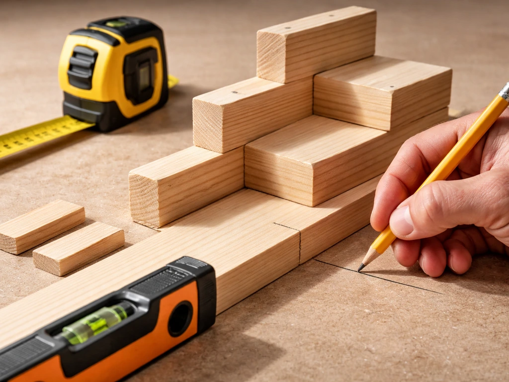 Close-up of measuring tape and level marking stair rise and tread spacing on a simple work surface.