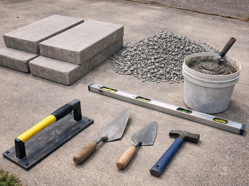 Precast concrete step units and masonry tools laid out on a driveway with gravel and a level nearby