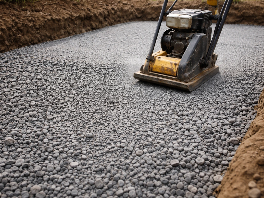 Plate compactor compressing 3/4-inch crushed stone base, with a smooth leveled surface for mortar