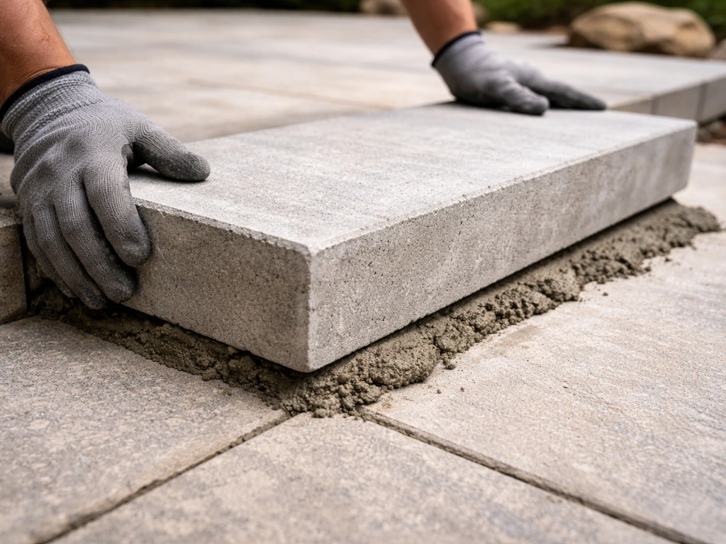 Worker’s gloved hands dry-fit a precast concrete patio step on a prepared mortar bed