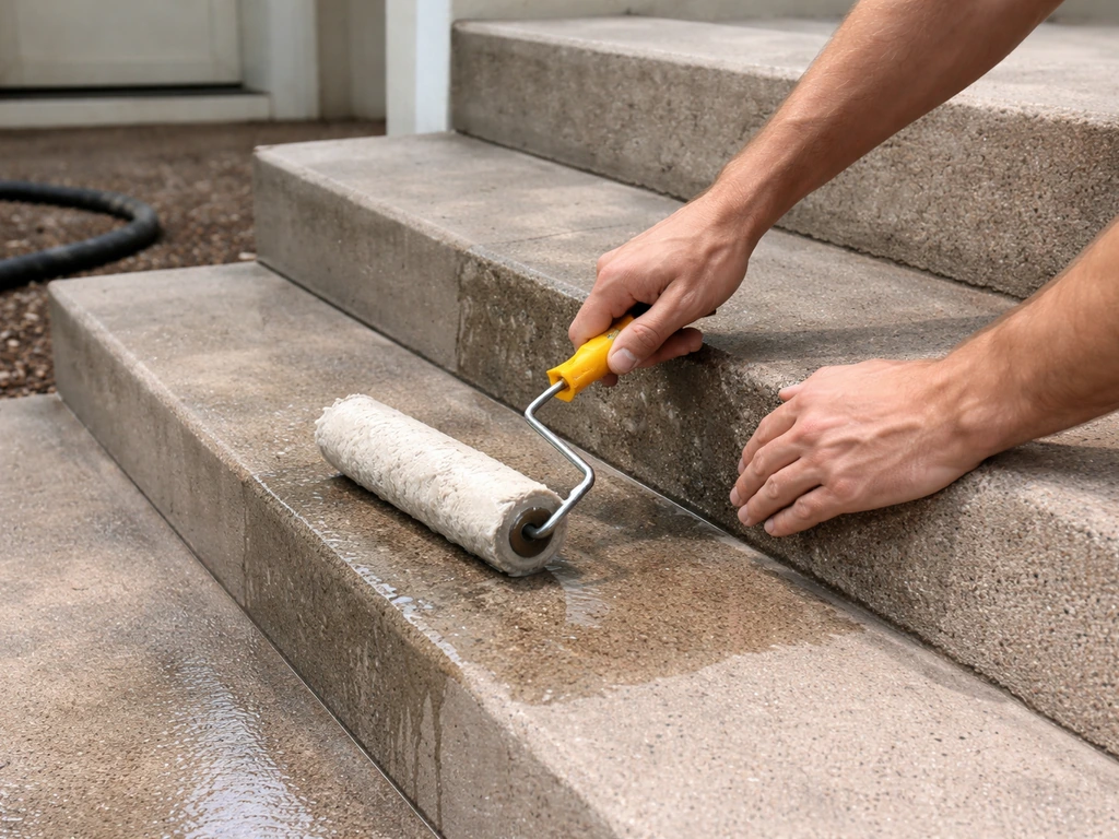 Anonymous hands roller-apply clear sealer to pressure-washed precast concrete steps outdoors.