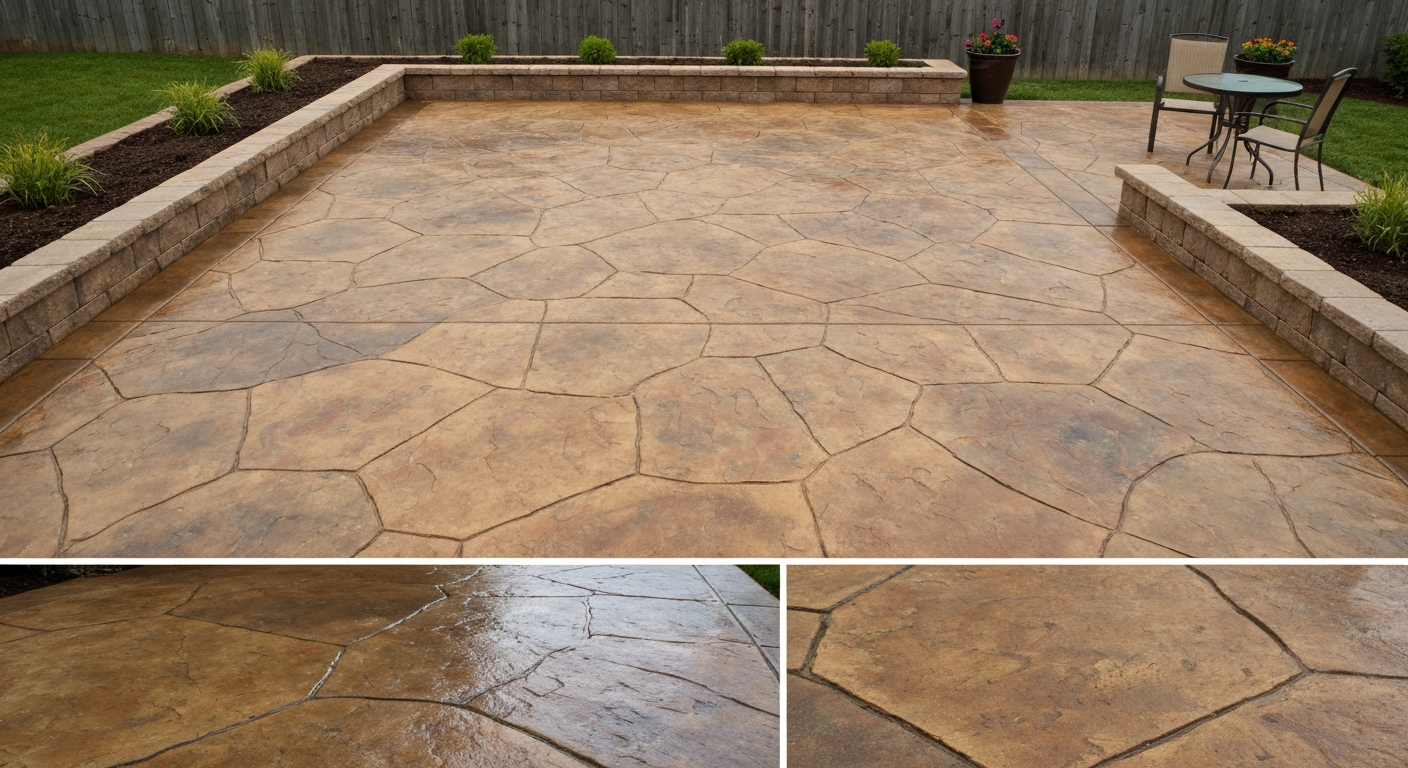 Finished concrete patio stained to mimic natural flagstone: irregular stone shapes with layered earth-tone colors, mottled surface variation, and a light sealer sheen; outdoor furniture at one edge for scale.