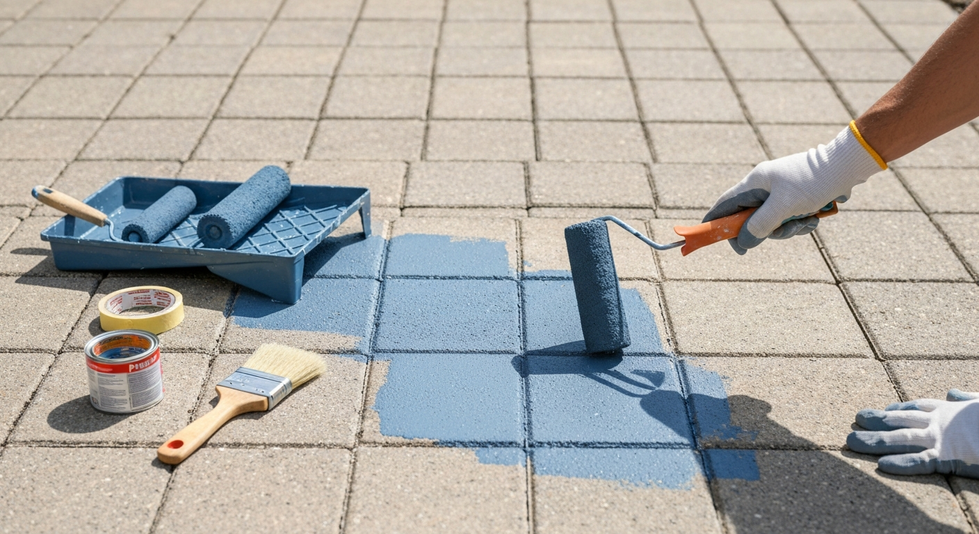 Hand rolling slate-blue paint onto textured cement patio blocks; partly painted area shows before and after.