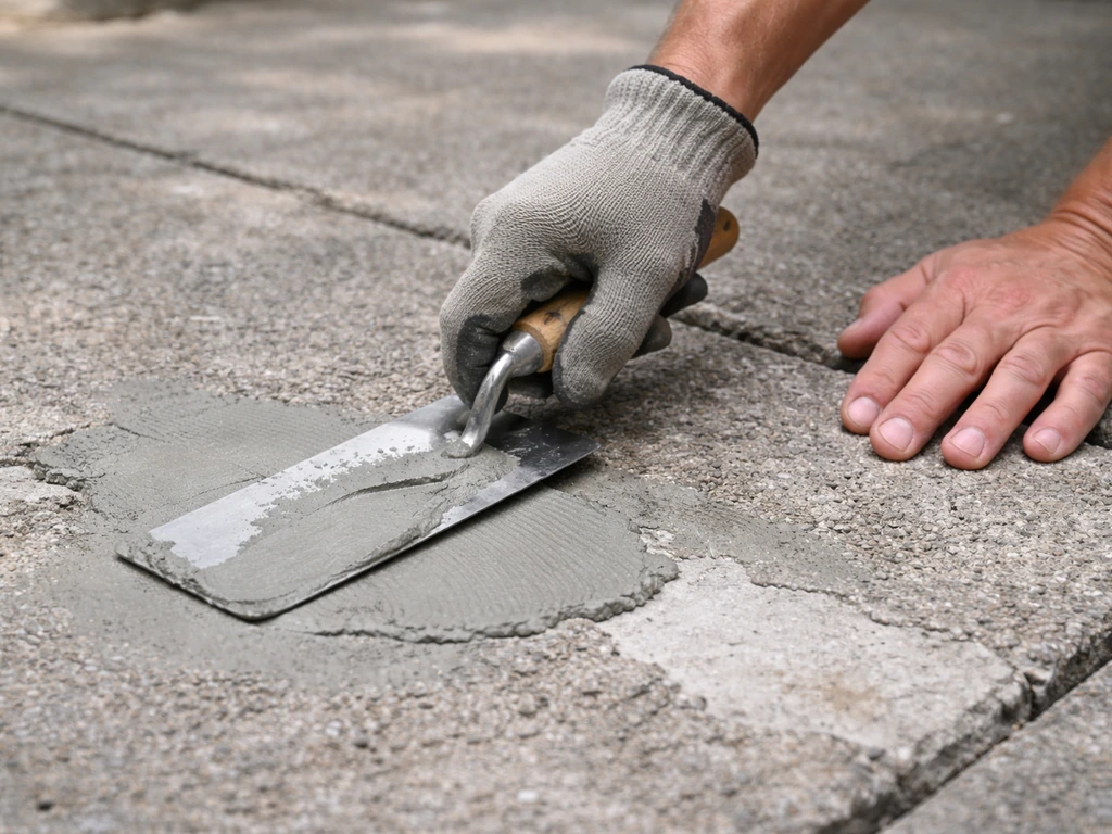Close-up of a trowel smoothing concrete repair mortar on a patio surface