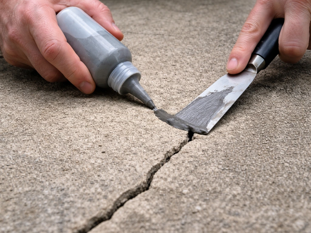 Hands applying gray crack filler into hairline cracks on a rough concrete slab with a trowel and squeeze bottle.