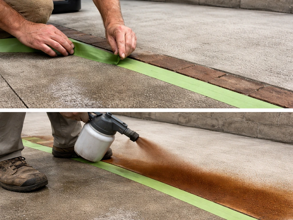 Hands mask a patio edge with tape, then begin the first concrete stain pass with a sprayer/roller.