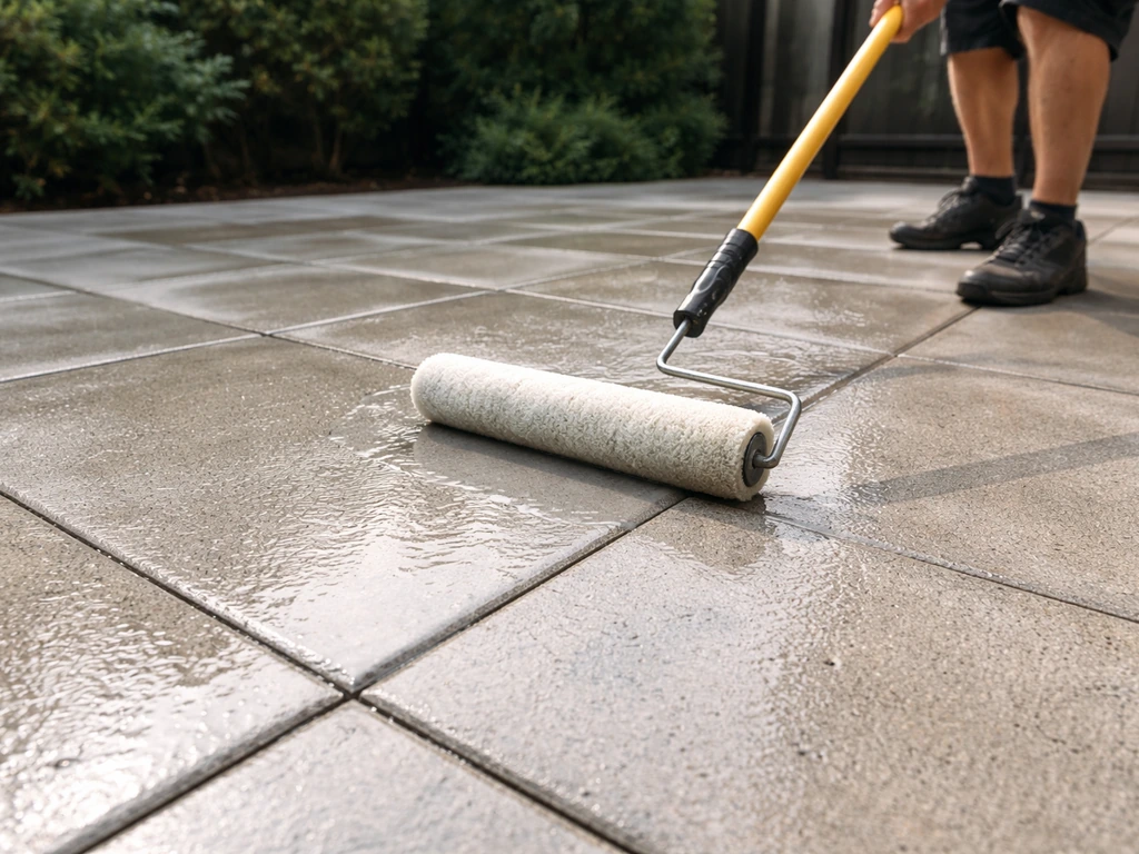 Close-up of a roller applying concrete sealer evenly across a patio surface