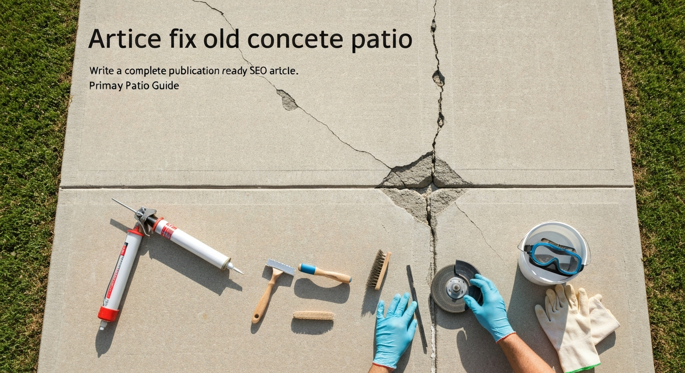 Top-down view of an old concrete patio with visible cracks and repair tools laid out; gloved hands applying crack filler.