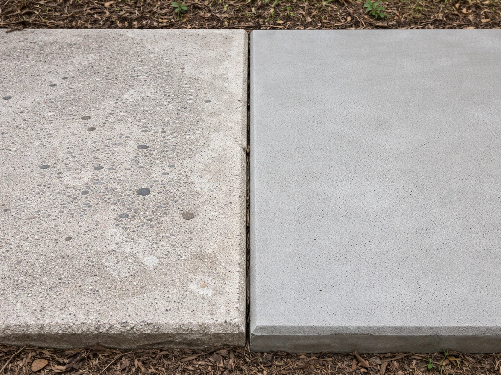 Two small patio concrete sections showing spalling voids on one and smooth resurfaced leveling on the other.