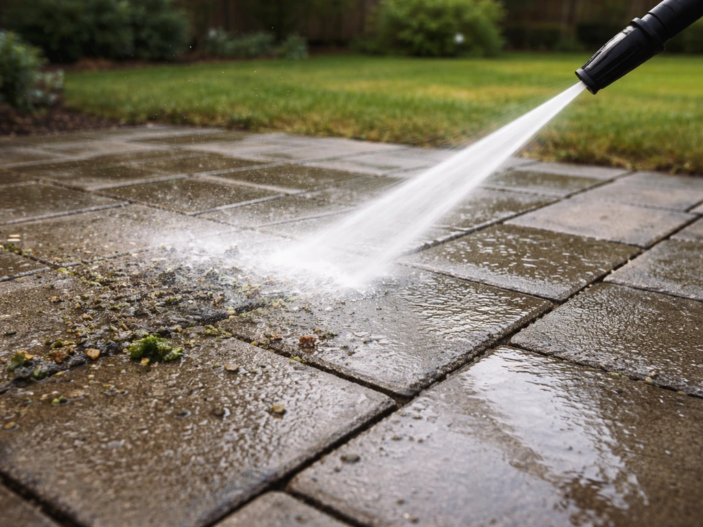 Patio pavers wet under pressure washer spray, debris and moss rinsing away during surface cleaning.
