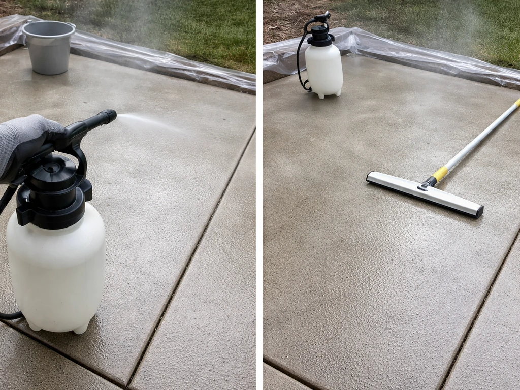 Gloved hand lightly misting a resurfaced concrete patio to keep it moist for curing.