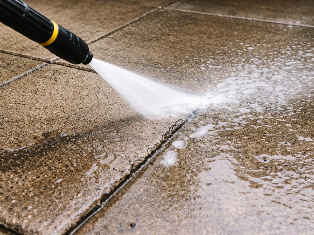 Close-up of a pressure washer cleaning a concrete patio slab, removing grime and degreasing the surface.
