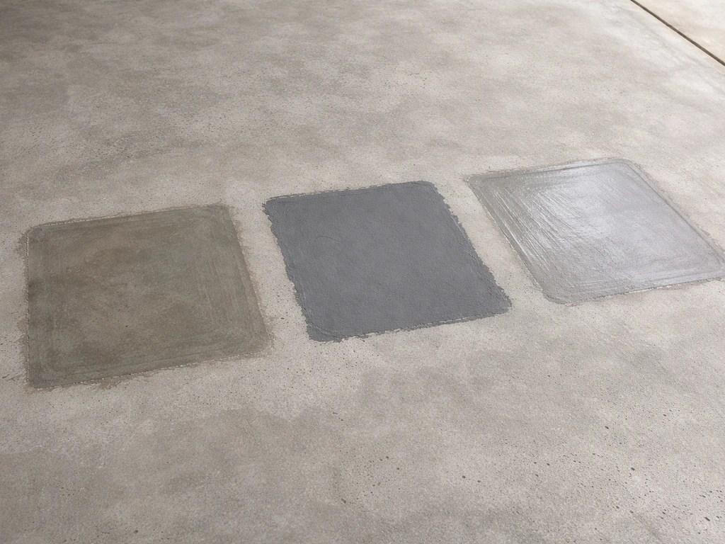 Concrete slab with three patched areas showing stained, painted, and overlay finishes with different textures.