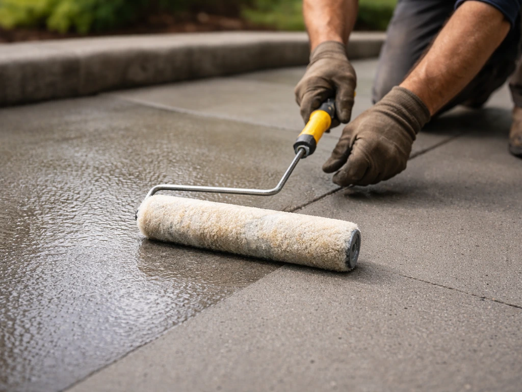 Hands rolling patio concrete sealer, showing wet glossy area blending into a uniform finish.