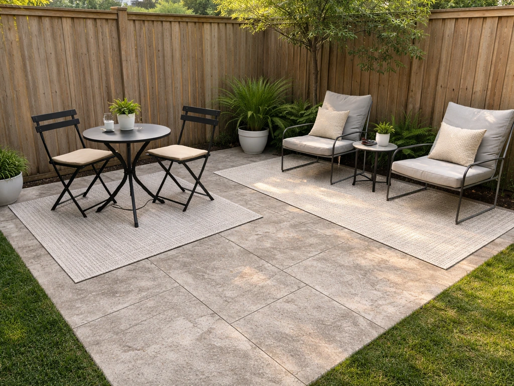 Small patio with a compact bistro table set and cozy lounge chairs arranged to define dining and lounging zones.