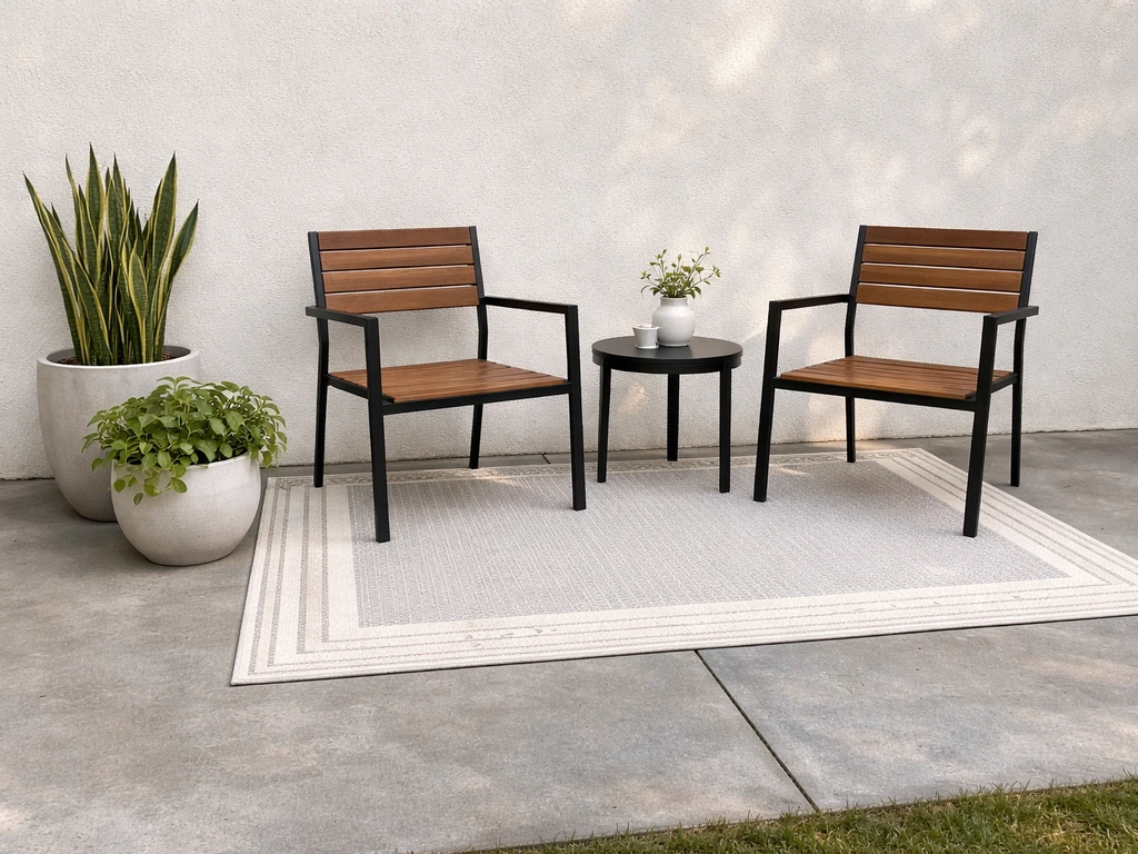 Minimal concrete patio with outdoor rug, planters, and simple metal-and-wood seating