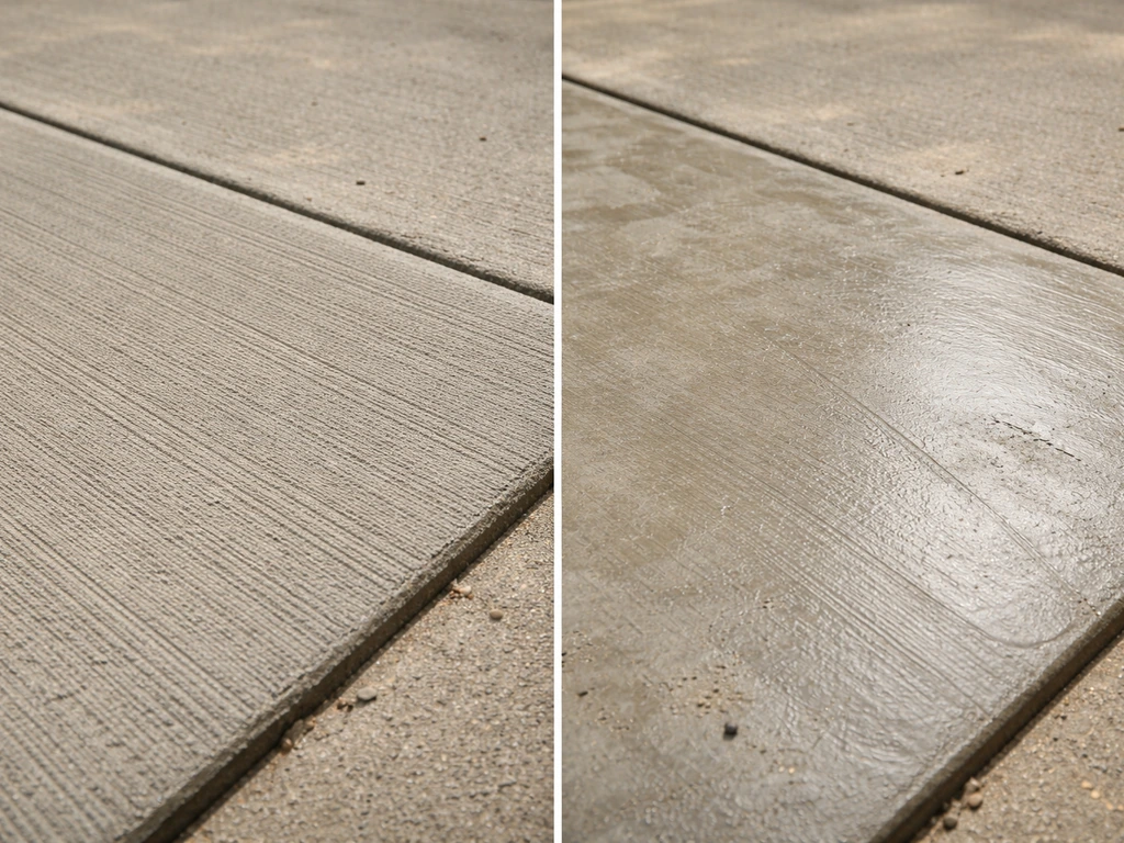 Close-up of two concrete patio textures side-by-side: broom finish on one side, trowel marks on the other.