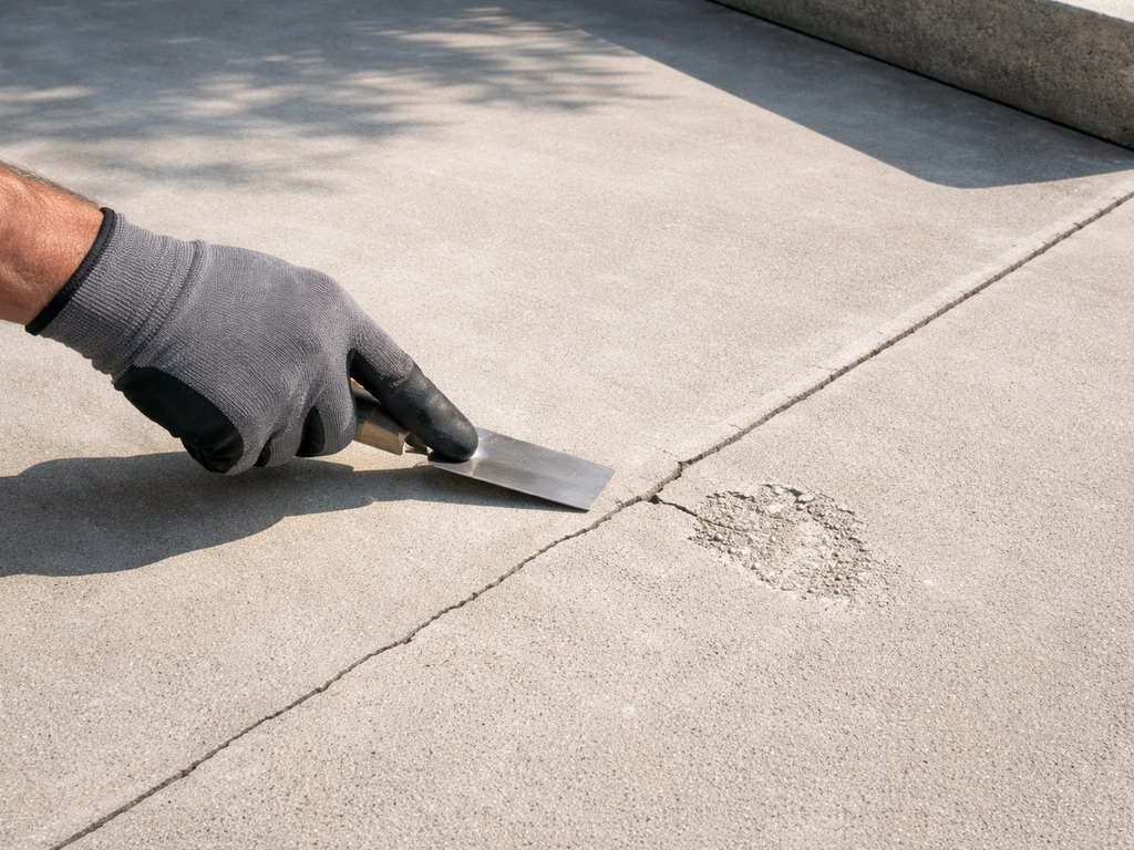 Gloved hand and trowel pointing at hairline crack and spalled spot on an uncluttered concrete patio.